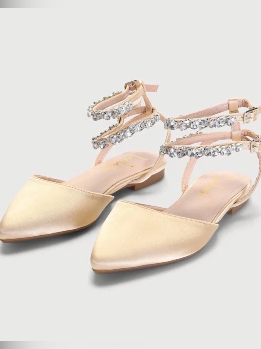 Lulus Boxton Champagne Satin Rhinestone Pointed-Toe Ankle Strap Flat ••NEW••